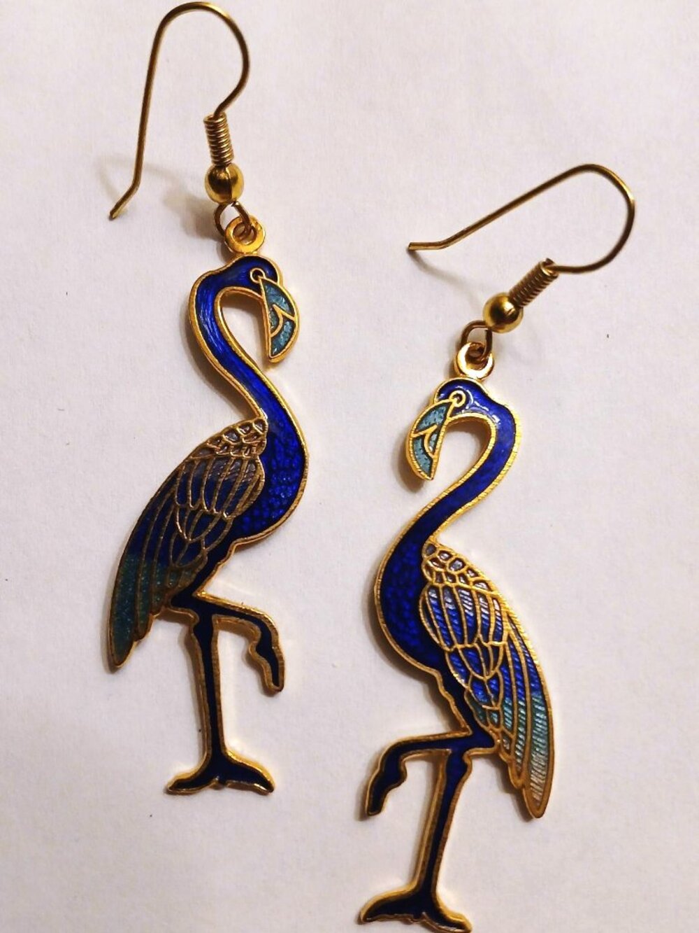 1980's Cloisonne tall blue dangling flamingo earrings. SHIPS FREE